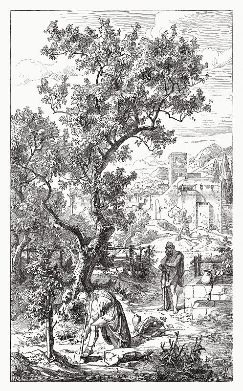 尤利西斯拜访父亲莱尔提斯，木刻，1881年出版
