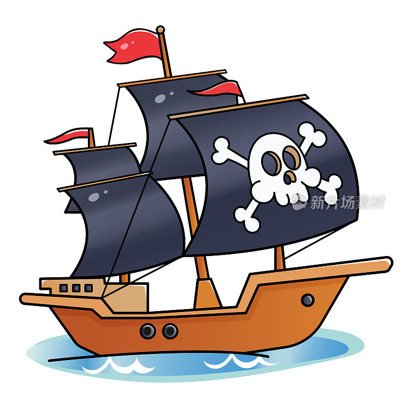 彩色图像的卡通海盗船在白色的背景。黑帆帆船，海上画骷髅。儿童海盗派对的独立元素。矢量插图。