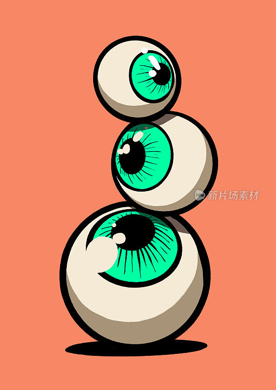 漫画风格的眼球堆叠在超现实的构图中