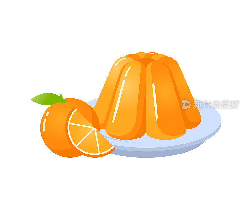 橘子果冻甜甜点盘与橘子水果卡通矢量插图