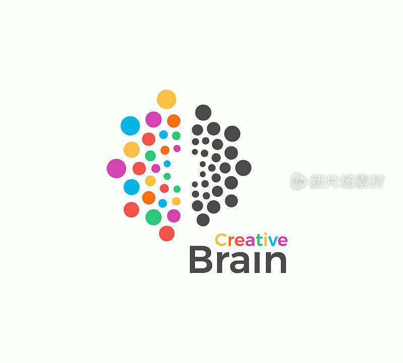 创造性大脑矢量图标模板在彩色点风格。创意想象力，灵感抽象图标在白色背景。左右脑半球矢量插图的创意艺术