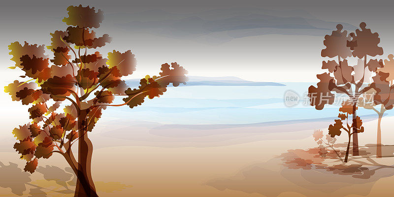 秋天的海景，风景如画的抽象景观的海滩和树木。