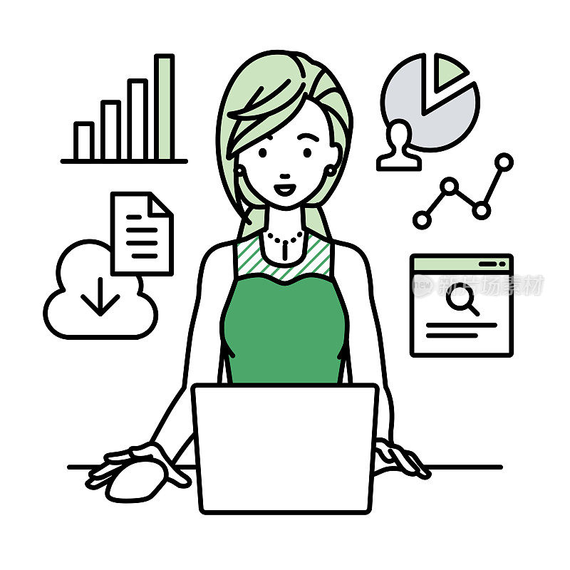 一名穿着衣服的妇女坐在办公桌前，用笔记本电脑浏览网站、搜索资料、共享云端文件、分析和做报告