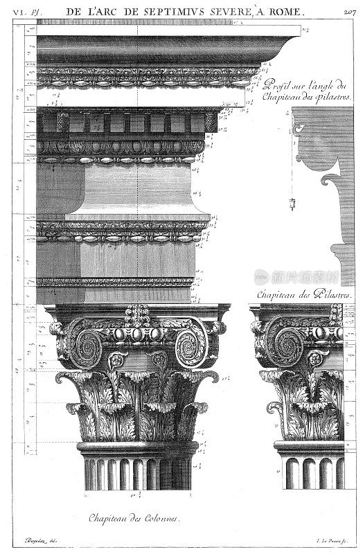 从罗马塞普提米乌斯·西弗勒斯拱门的柱头，柱头的壁柱和柱头的侧面角度，由1682年的罗马古建筑。