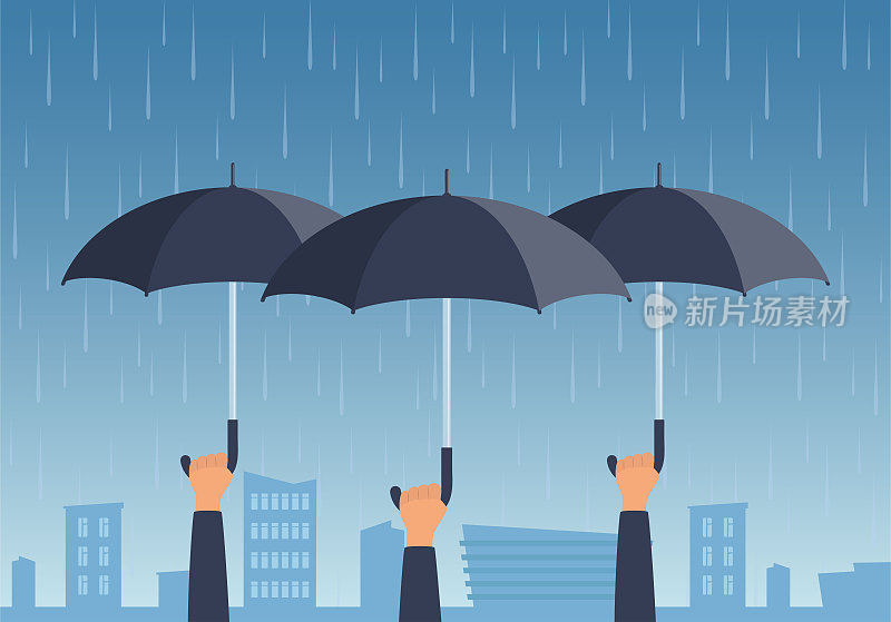 人们在雨中为城市撑伞。手撑着打开的雨伞。概念向量插图。