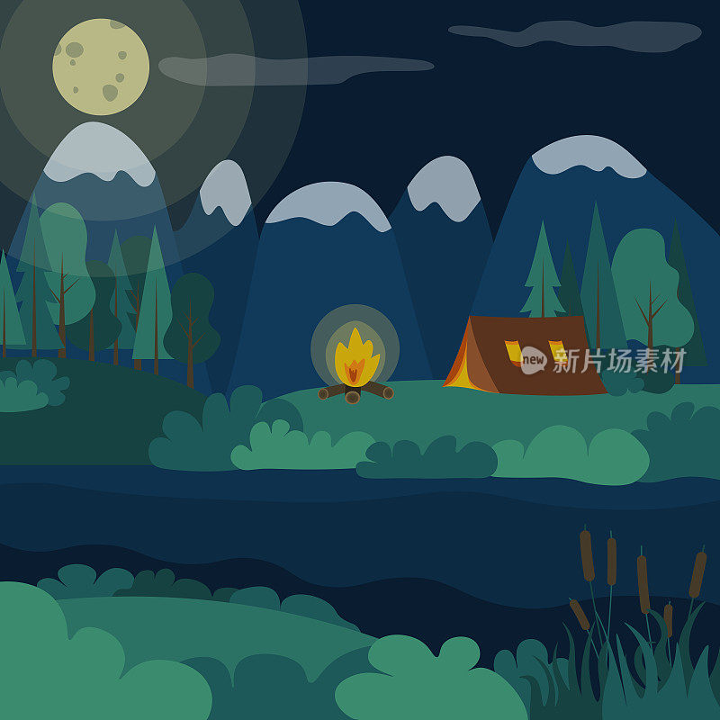 露营概念艺术。帐篷，夜景，篝火，山，月亮，湖，森林。在自然。矢量平面插图。