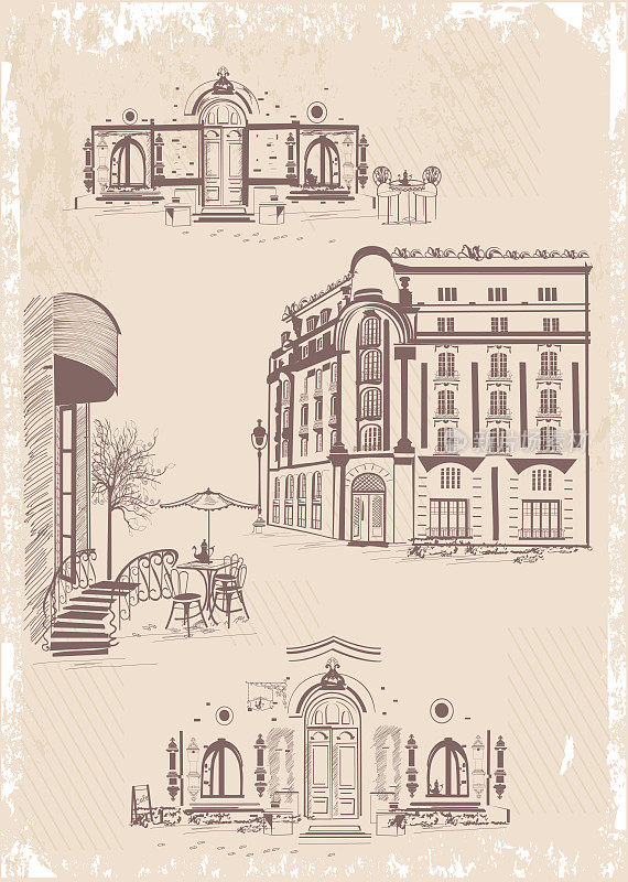 以鲜花、老城区景色和街头咖啡馆装饰的系列背景。矢量建筑背景与历史建筑。