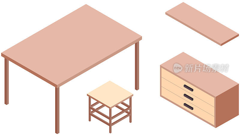 一套家庭室内家具件。木质书架，桌子，凳子，床头柜，抽屉柜