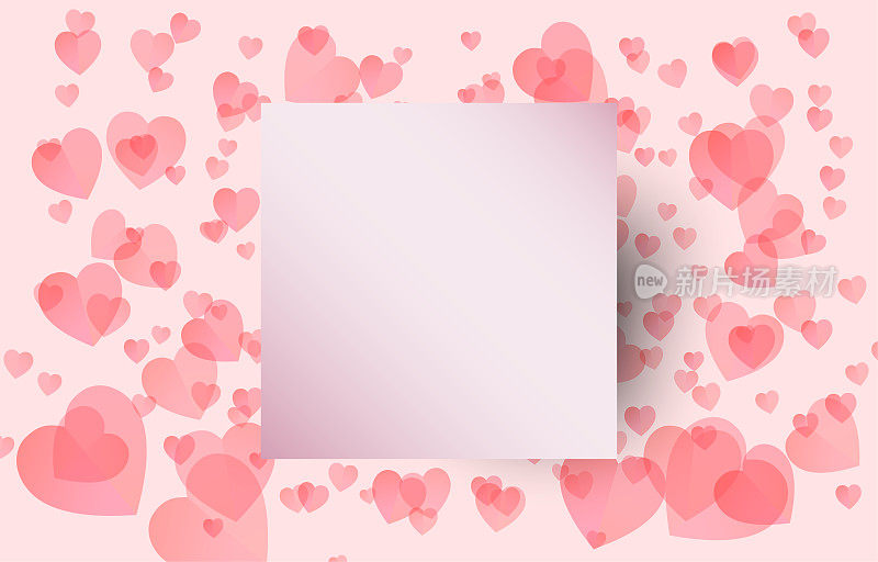 剪纸元素的形状与方形框架上的问候红色和甜蜜的心的背景。爱情矢量符号为情人节快乐，贺卡设计。