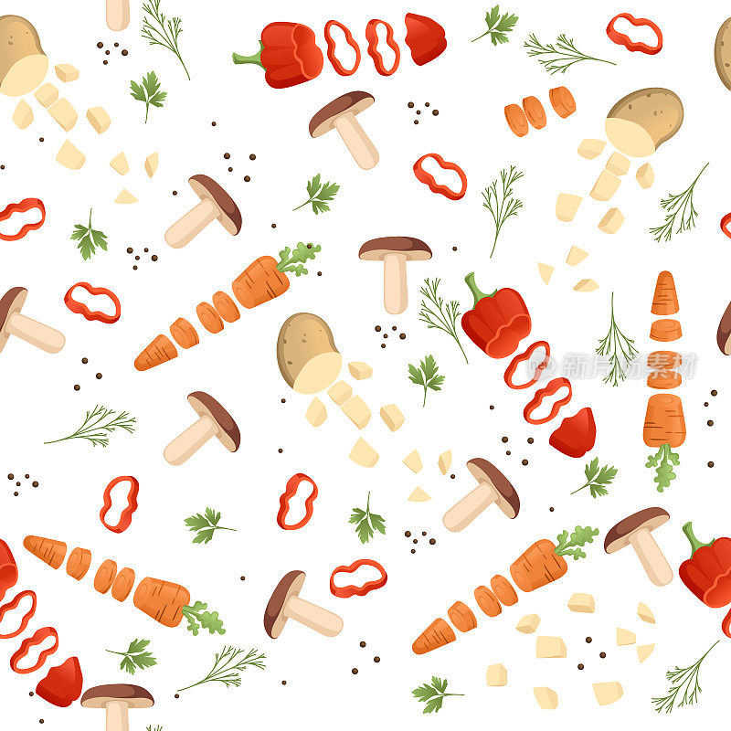 无缝模式切片蔬菜蘑菇土豆和胡萝卜彩色食物图标烹饪矢量插图在白色背景