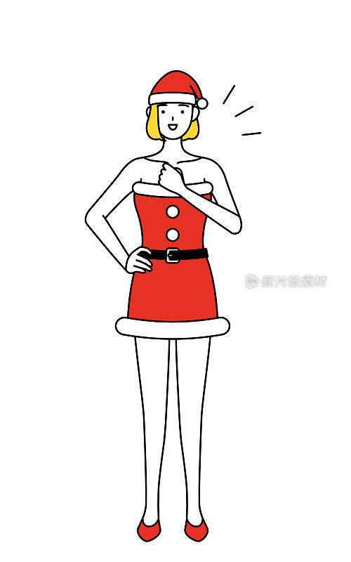 简单的线条插画，一个女人打扮成圣诞老人轻拍她的胸部。