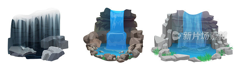 瀑布的设置，瀑布的山，河流或湖泊与水飞溅落在岩石上