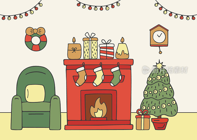 房子客厅有壁炉和圣诞树，室内有装饰圣诞假期的家具。屋子里摆满了礼物和家庭炉火。寒假贺卡。向量