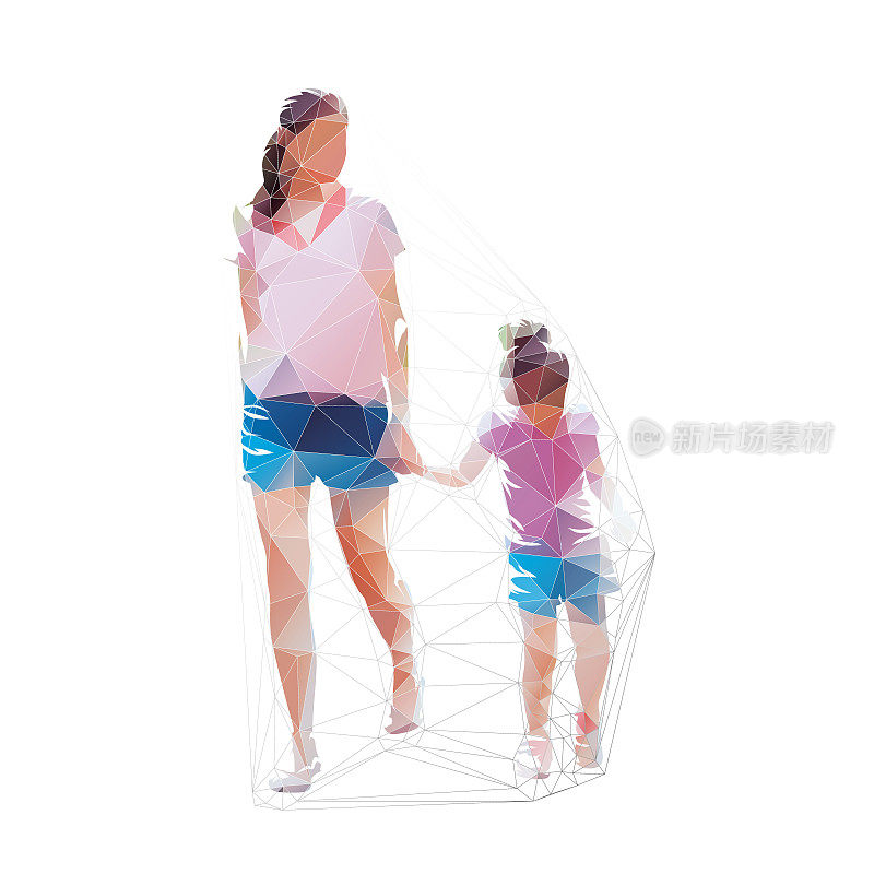 妈妈和女儿牵着手走，孤立的低多边形矢量插图，正面。由三角形绘制几何图形
