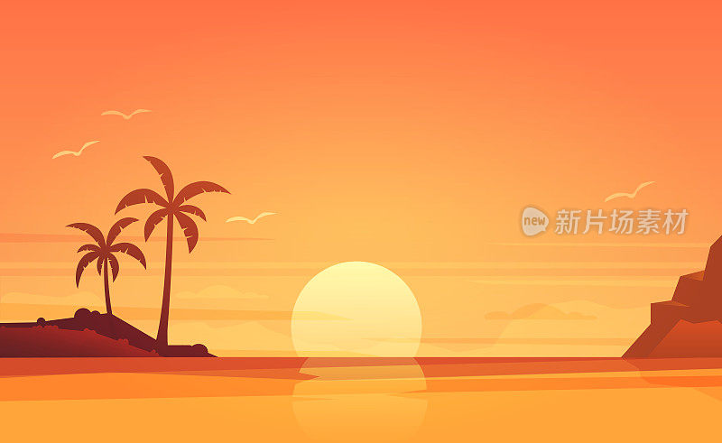 日落，海滩和太阳，海洋日出，棕榈树