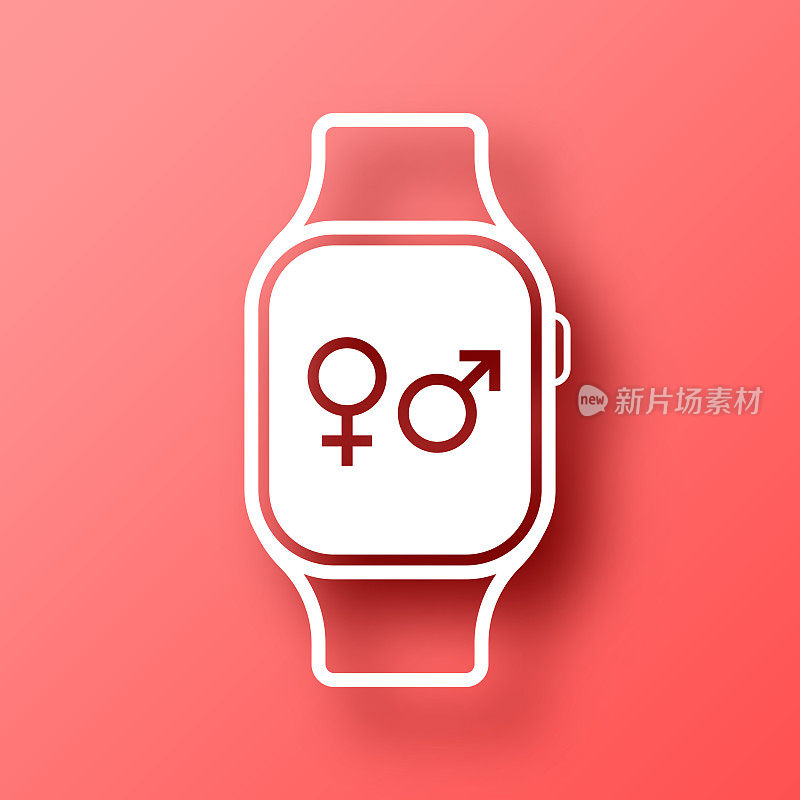 带有性别符号的智能手表。图标在红色背景与阴影