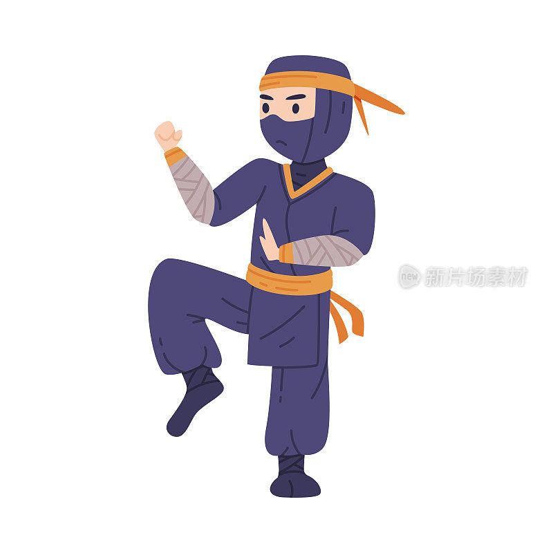 忍者或忍者角色作为日本秘密特工或雇佣兵在Shozoku伪装服装在战斗姿势矢量插图