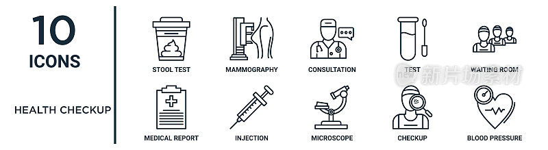 健康体检大纲图标集包括细线大便测试，咨询，候诊室，注射，体检，血压，医疗报告图标报告，演示，图表，网页设计