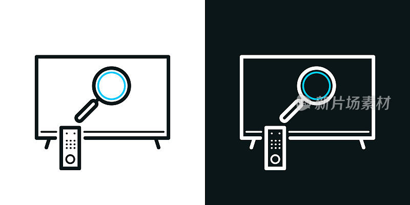 电视上的放大镜。黑色或白色背景上的双色线条图标-可编辑笔触
