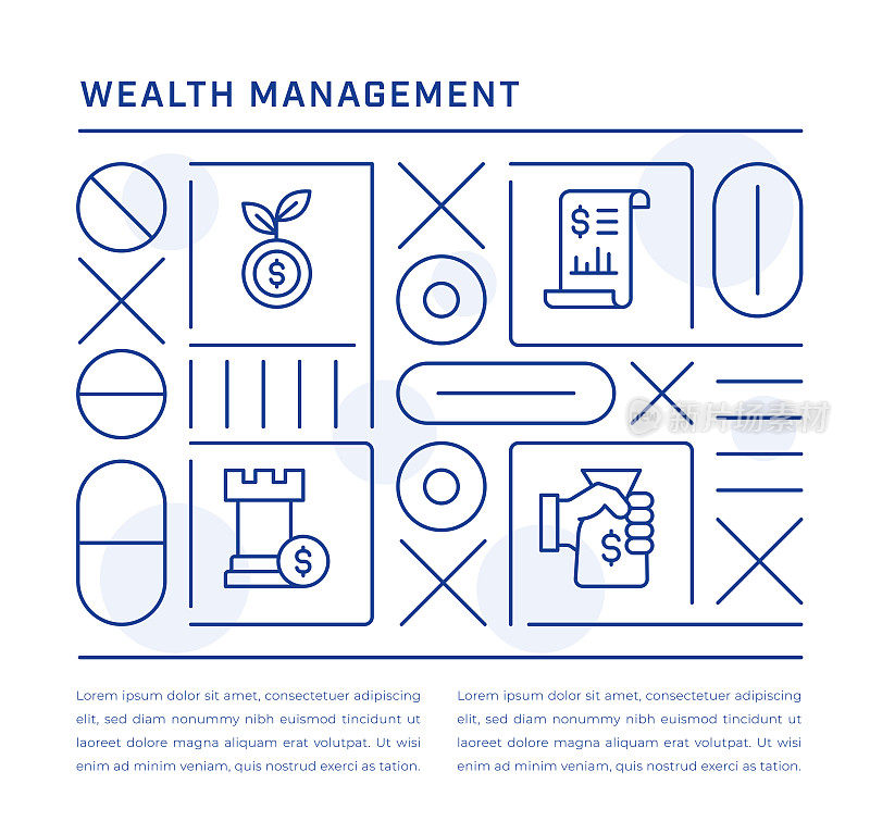财富管理网页横幅设计与投资,资产分析,财务策略,利润线图标