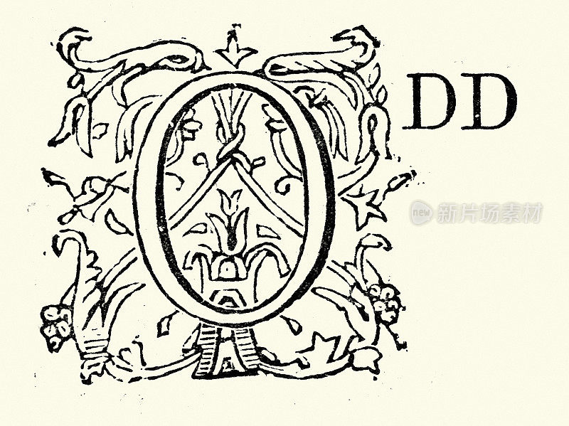复古插图华丽的大写字母O，奇数，字体，字，维多利亚19世纪