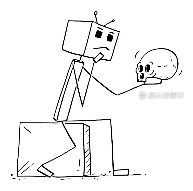 机器人或哈姆雷特持有人类头骨和思考，矢量卡通简笔插图