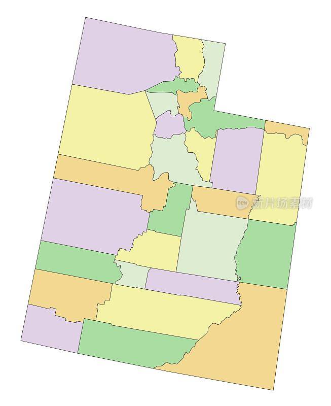 犹他州-高度详细的可编辑的政治地图。