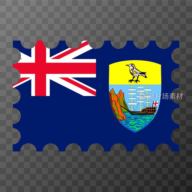 印有圣赫勒拿岛、阿森松岛和特里斯坦达库尼亚国旗的邮票。矢量插图。