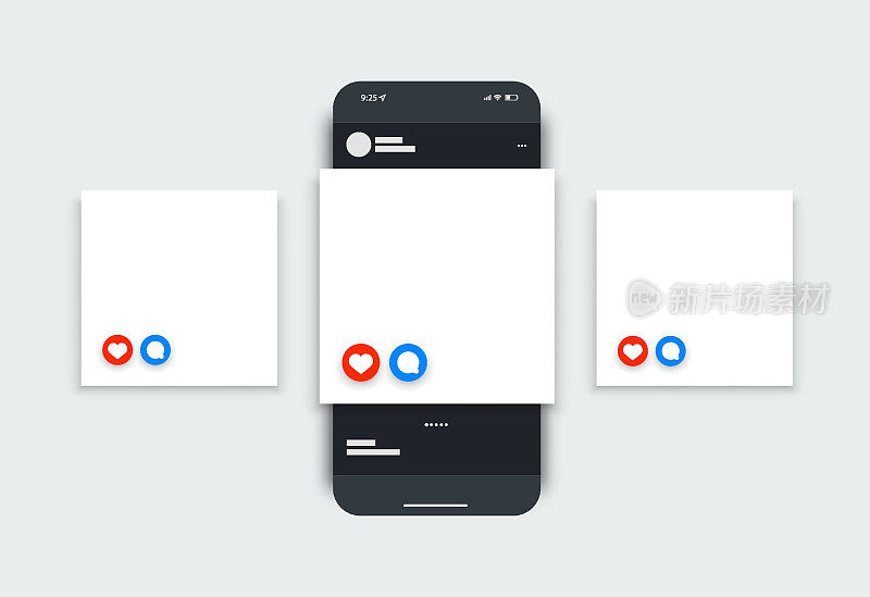社交网络发布模型。矢量智能手机布局媒体应用程序用户界面模板