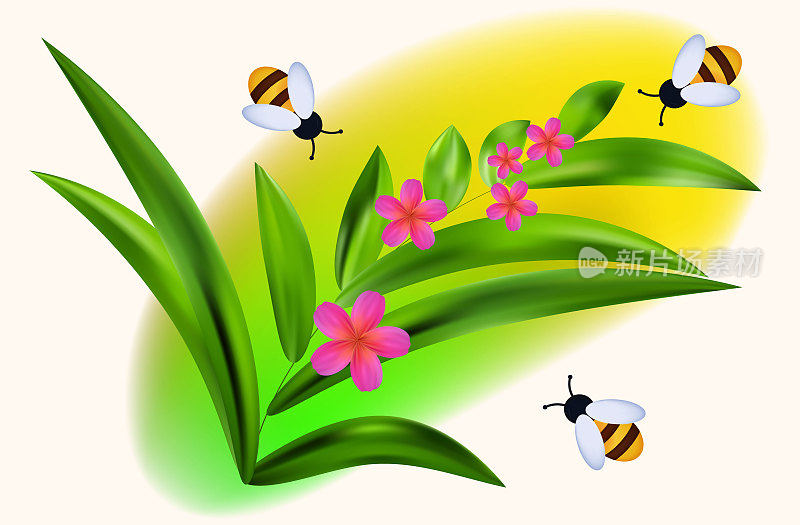 一大群飞蜂采蜜。花在树枝上，蜜蜂在蜂房里。矢量三维插图。昆虫给花授粉。草地上有植物，草地特写，环境。