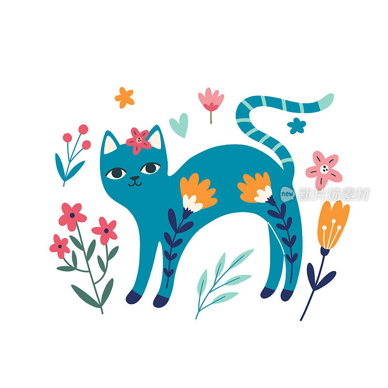手绘的猫和花。可爱的花猫卡通风格。矢量插图隔离在白色背景上。t恤、明信片、海报、家纺、儿童纺织品的设计元素。