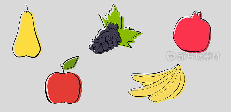 一套水果，苹果，香蕉，梨，葡萄，石榴