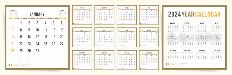 2024方形日历。最小设计规划师。单页经典模板。理想的商业或个人使用，桌面或墙壁展示。周日开始。