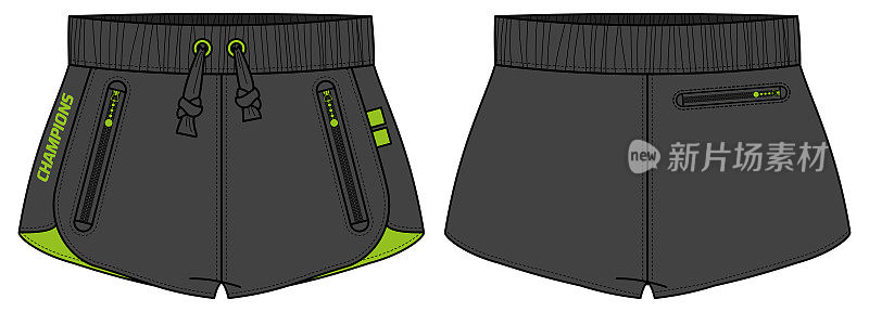 复古跑步短裤球衣设计平面草图插图，运动短裤的概念与前后视图跟踪运动穿短裤的设计。