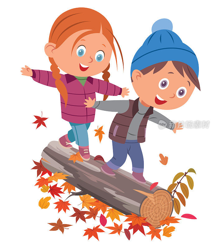 矢量插图孩子们在秋天林地的树上玩耍和平衡