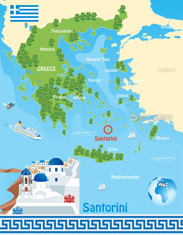 希腊地图和圣托里尼岛