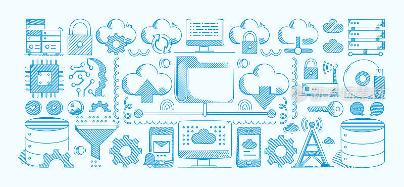 云技术手绘矢量涂鸦线图标集。大数据，云计算，数据，数据中心，服务器，互联网，网络，上传，下载。