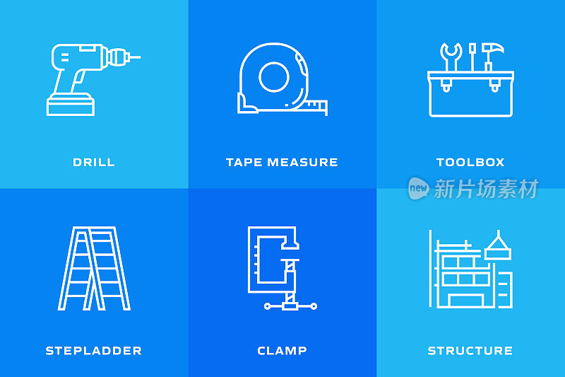 施工相关的矢量细线图标。轮廓符号集合
