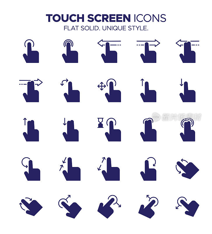 触摸屏手势图标集-移动交互，多点触摸，手势，手指滑动，俯仰和缩放，点击，双击