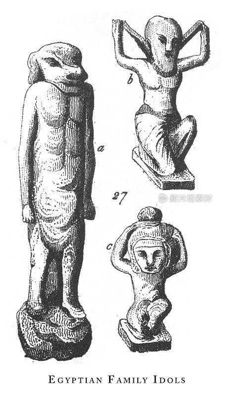 埃及家庭偶像:埃及神和宗教符号雕刻古董插图，出版于1851年