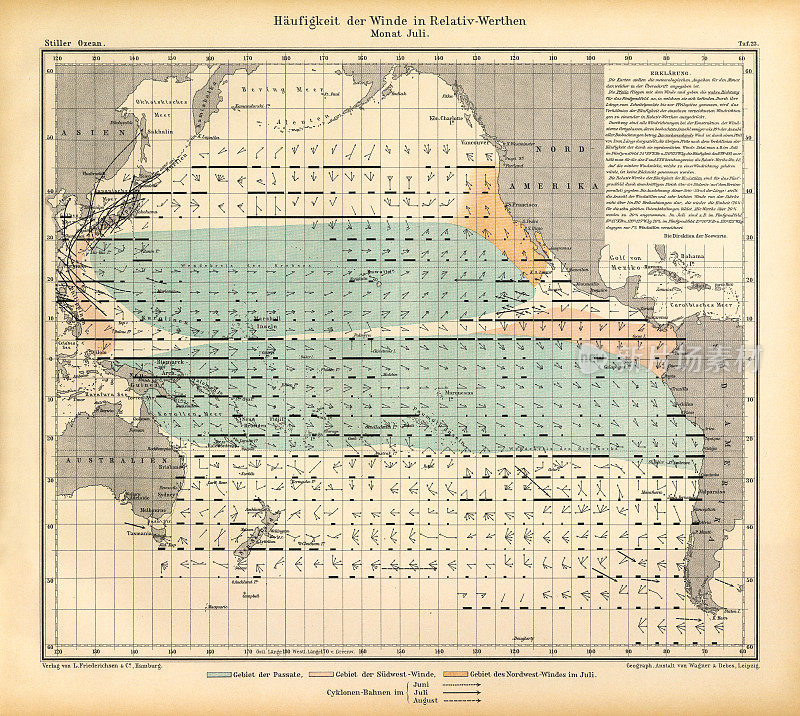 7月太平洋天气模式图，德国维多利亚古董雕刻，1896