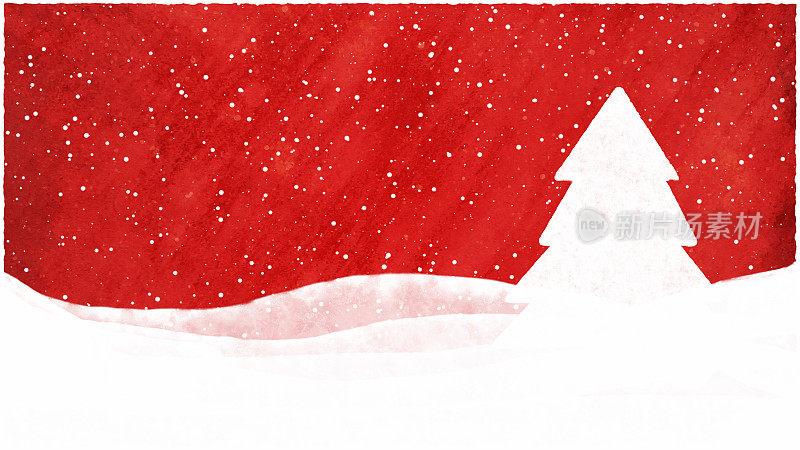 创意的暗红色或栗色斑点背景与一个白色实心针叶圣诞树明亮闪亮的星星在顶部，褶边或边界的雪作为顶部和底部边界，星星和闪闪发光的雪花背景