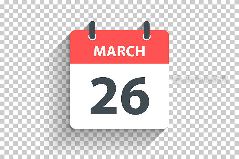 3月26日-每日日历图标在空白背景上的平面设计风格