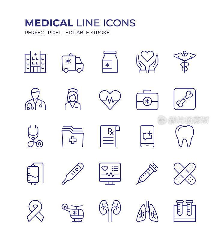 医学可编辑线图标集包含医院，救护车，医药，Caduceus，医生，急救箱，医疗记录等图标