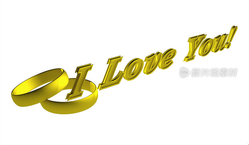 我爱你!3D渲染，金色字母，孤立在白色上。