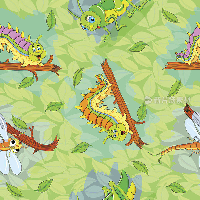 无缝图案与卡通有趣的昆虫:蜻蜓，蚱蜢