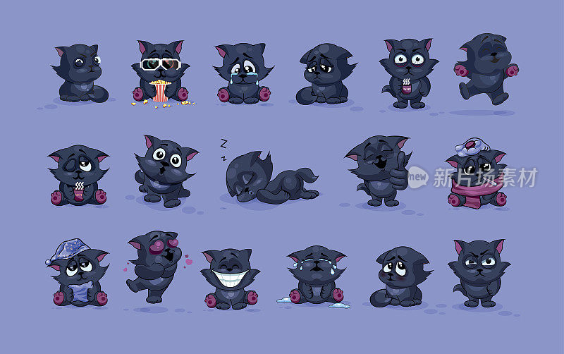 孤立的表情符号字符卡通黑猫贴图与不同的表情符号