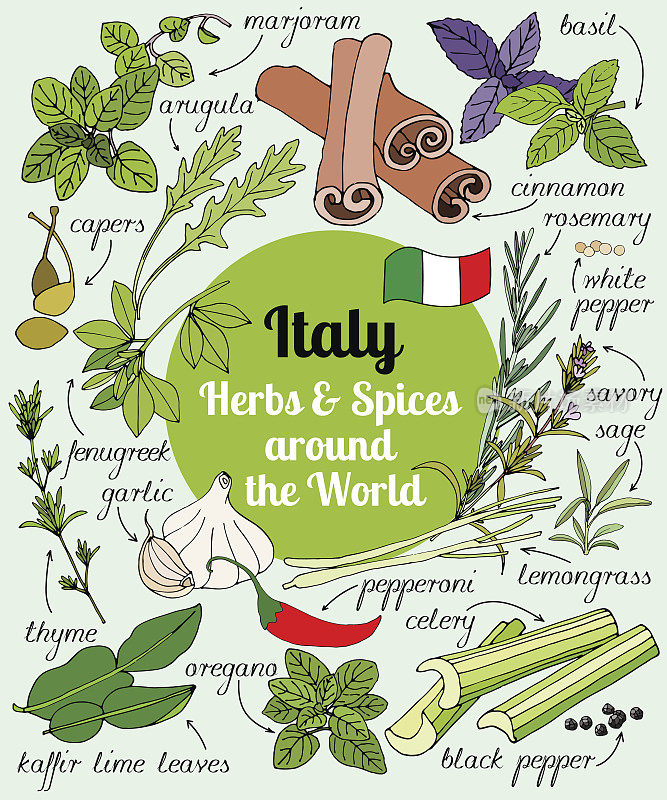 意大利香草和香料。