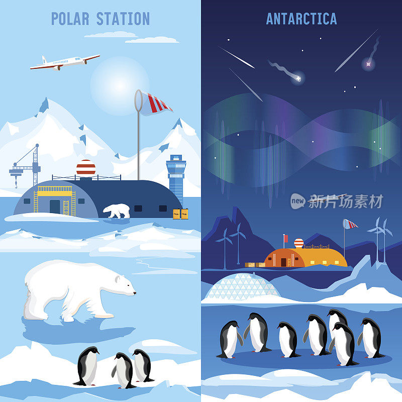 北极，极地站的横幅。企鹅,北极熊