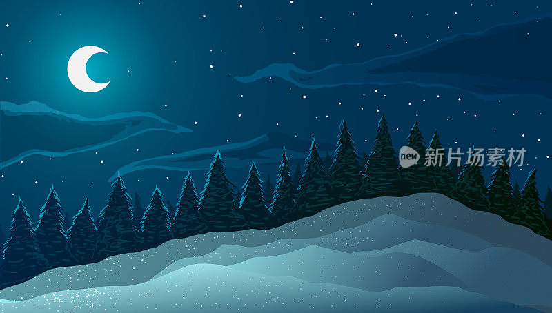晚上冬季景观。树木，雪堆和月亮。